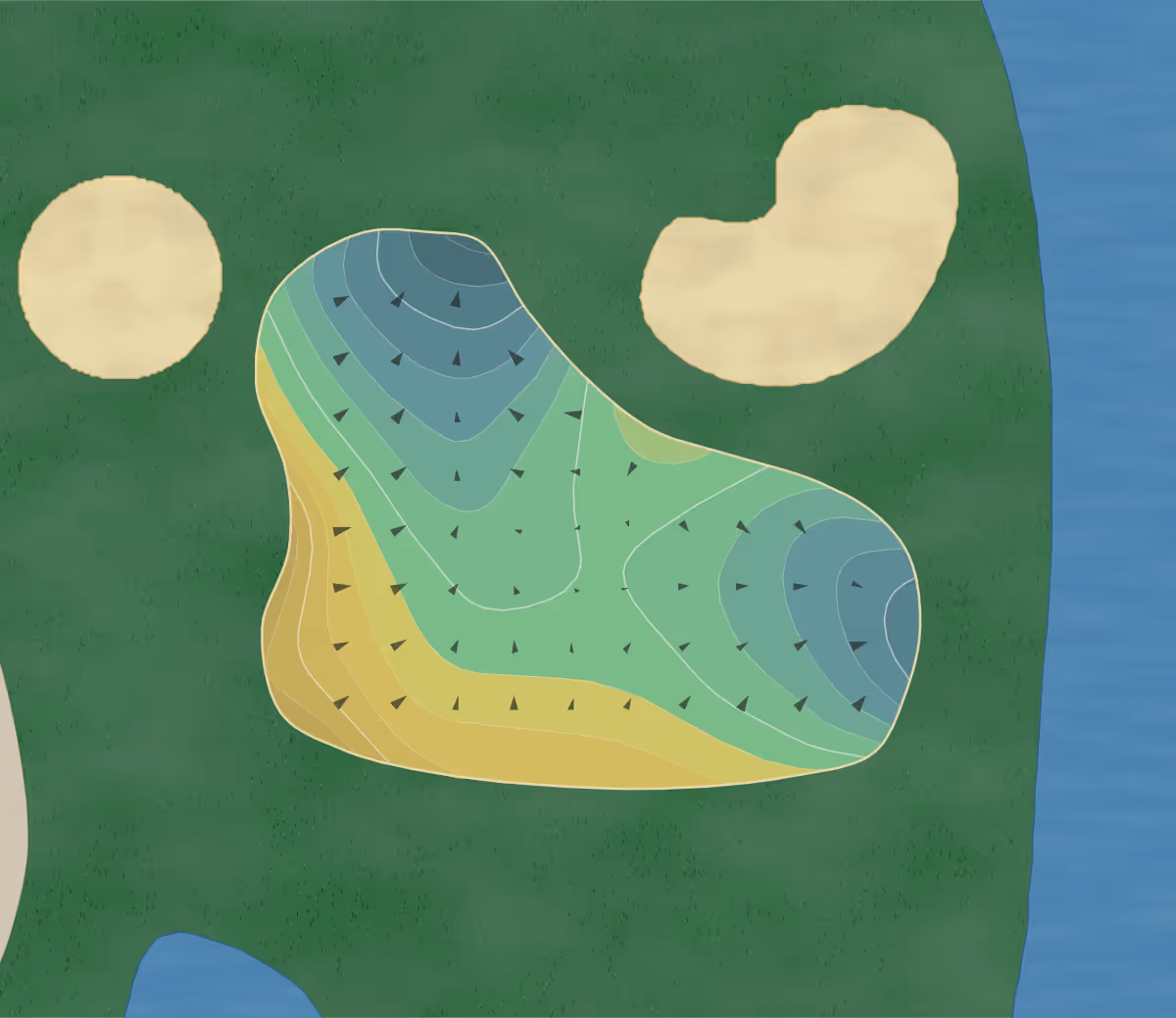 Green contour map of Tarpon Boil in The Villages, Florida — 121 elevation contours at a 3-inch interval with fall-line arrows, traced from 1-meter lidar