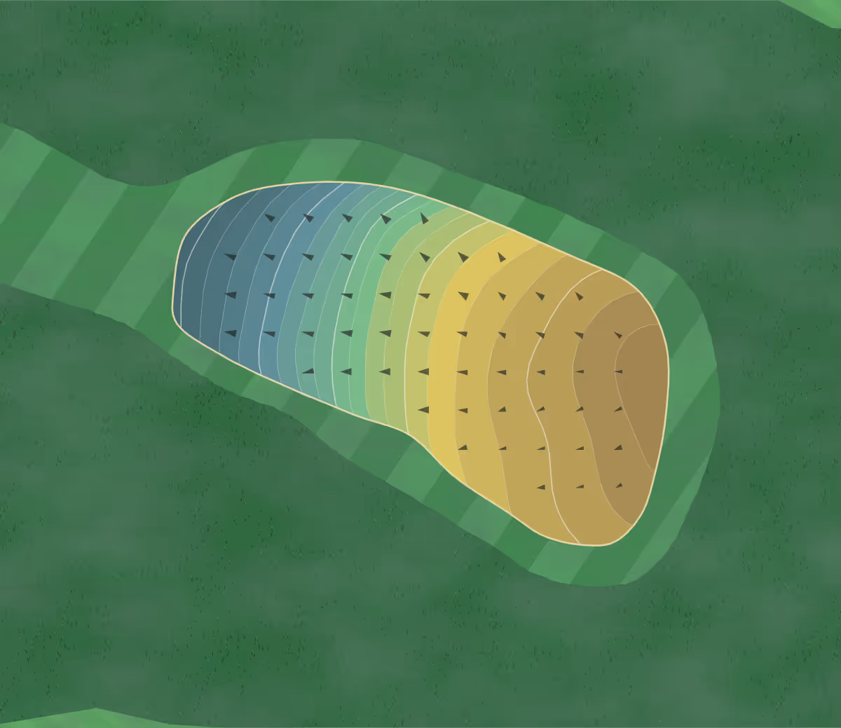 Green contour map of Tates Creek in Lexington, Kentucky — 161 elevation contours at a 3-inch interval with fall-line arrows, traced from 1-meter lidar