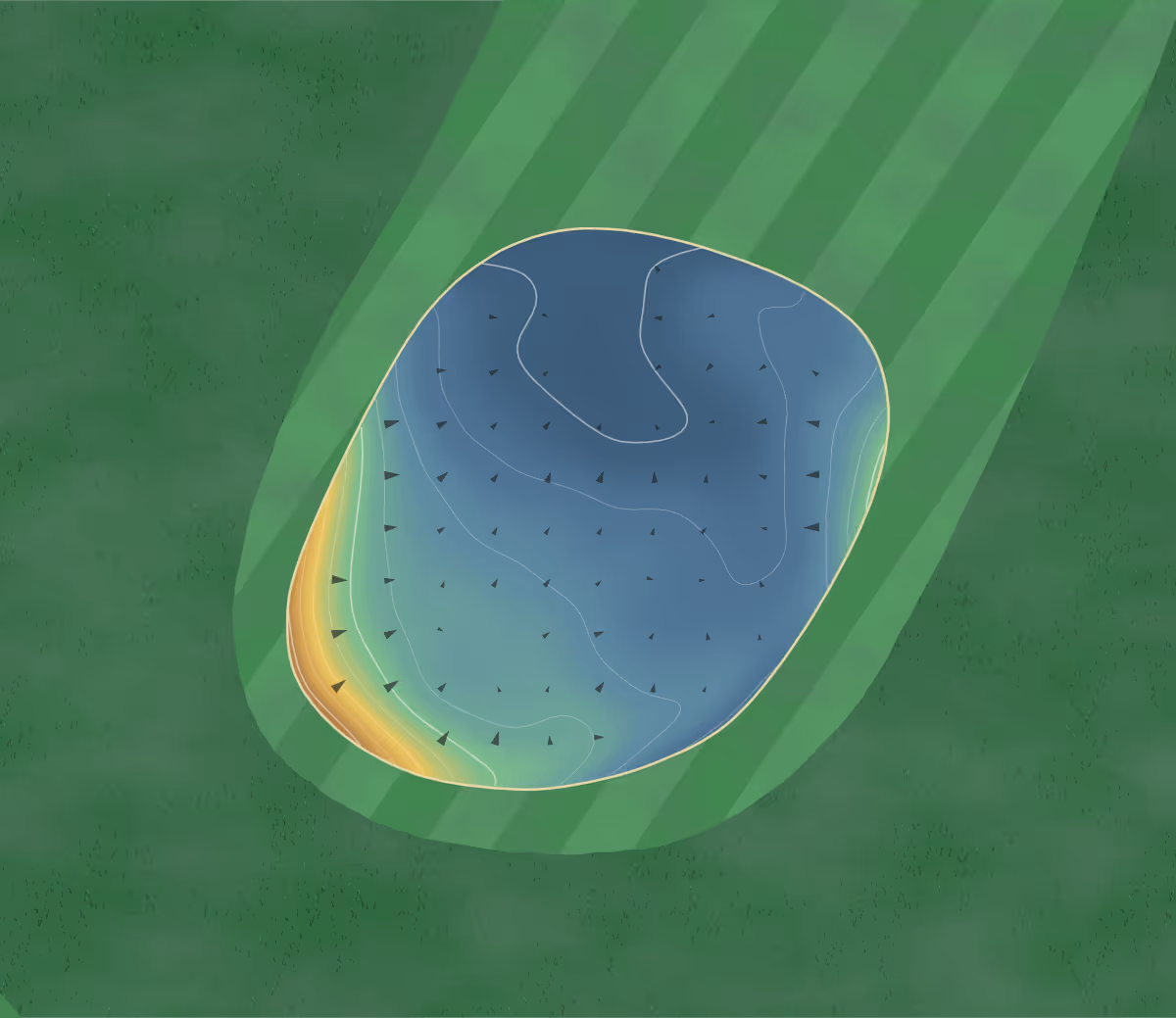 Green contour map of Tathra Beach in Tathra, Australia — 85 elevation contours at a 8-centimeter interval with fall-line arrows, traced from 1-meter lidar