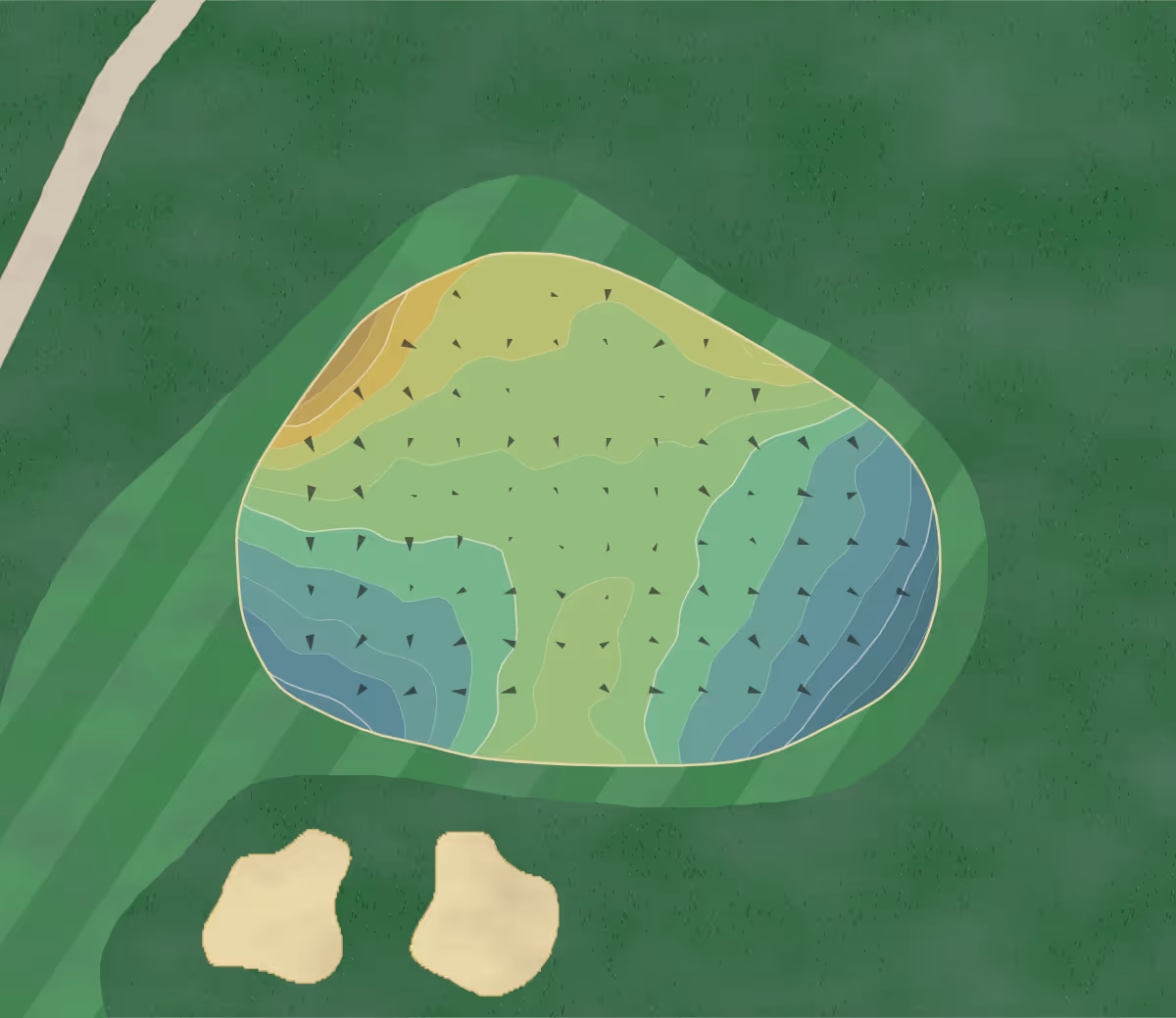 Green contour map of Tatnuck CC in Worcester, Massachusetts — 101 elevation contours at a 3-inch interval with fall-line arrows, traced from 1-meter lidar