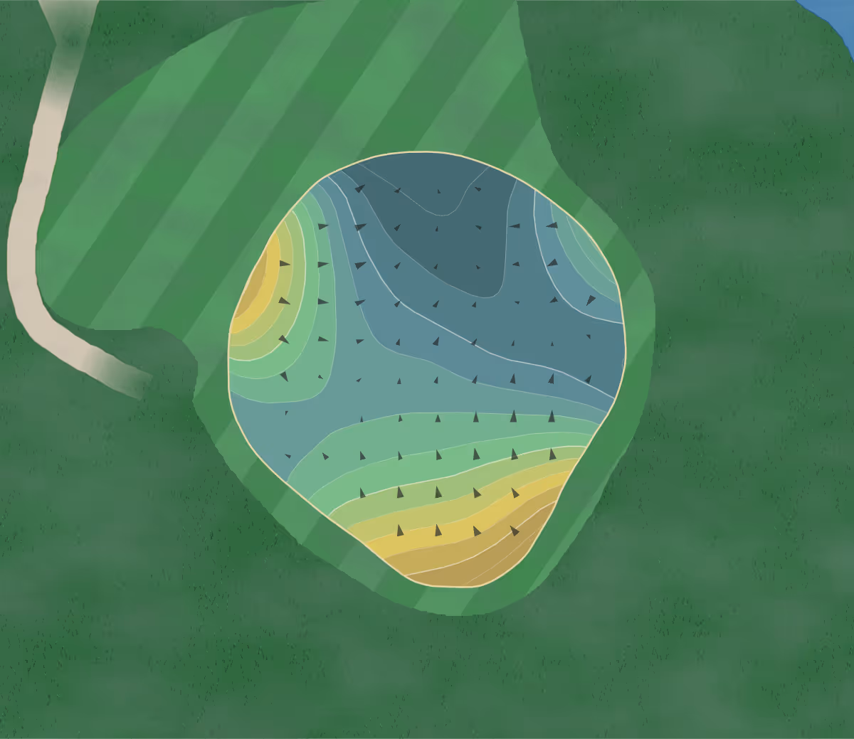 Green contour map of Tatum Ridge in Sarasota, Florida — 224 elevation contours at a 3-inch interval with fall-line arrows, traced from 1-meter lidar