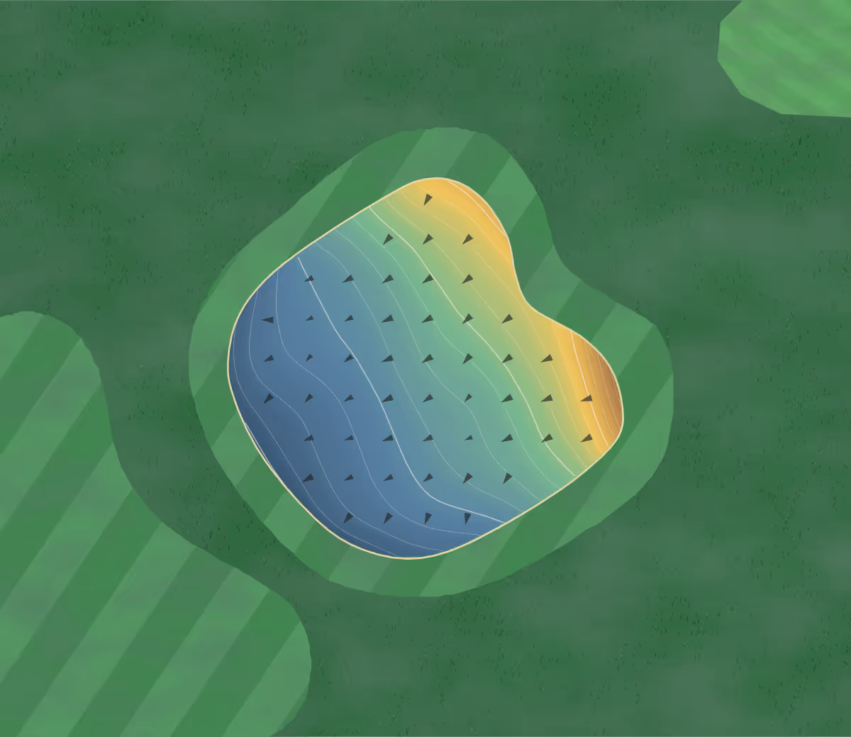 Green contour map of Te Ngutu in Normanby, New Zealand — 133 elevation contours at a 8-centimeter interval with fall-line arrows, traced from 1-meter lidar