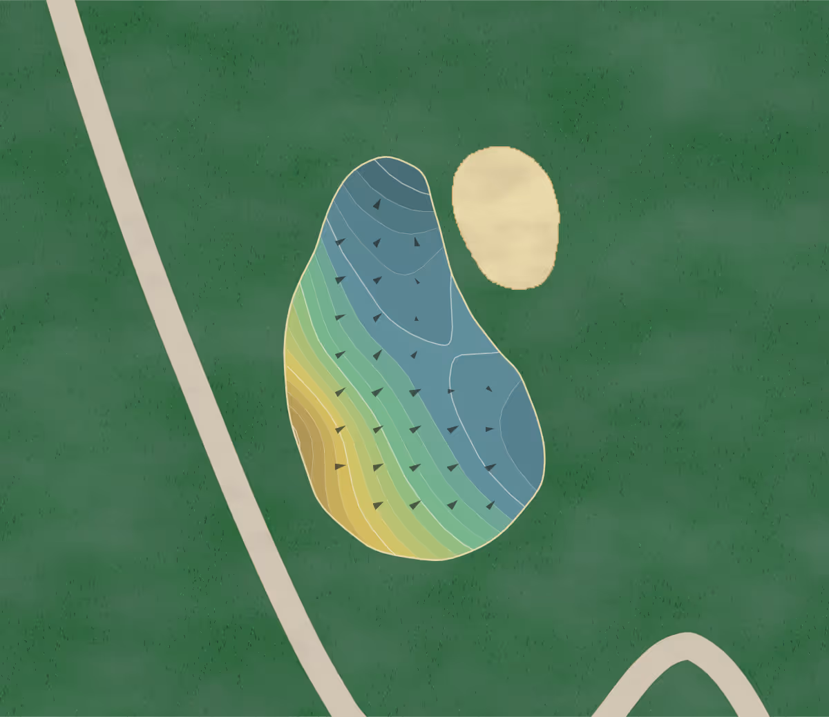 Green contour map of Tecolote Canyon in San Diego, California — 167 elevation contours at a 3-inch interval with fall-line arrows, traced from 1-meter lidar