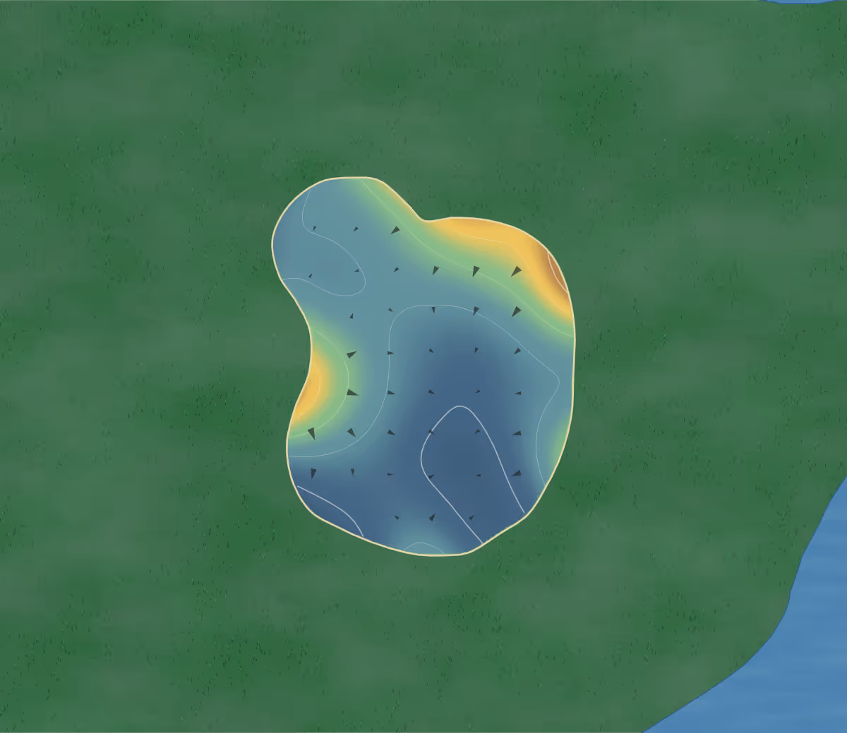 Green contour map of Tee Time Golf Complex in Evansville, Indiana — 50 elevation contours at a 3-inch interval with fall-line arrows, traced from 1-meter lidar