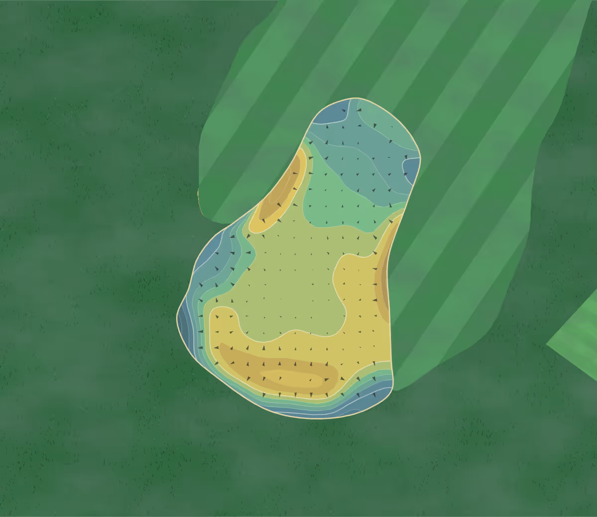 Green contour map of Teesside GC in Stockton-on-Tees, England — 169 elevation contours at a 8-centimeter interval with fall-line arrows, traced from 1-meter lidar