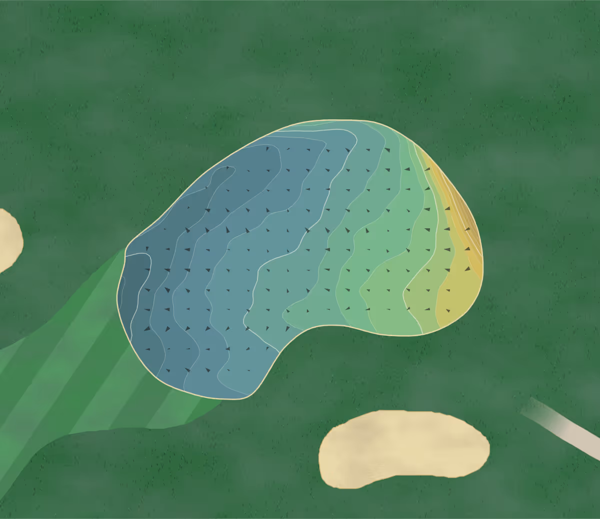 Green contour map of Telford Hotel in Telford, England — 179 elevation contours at a 8-centimeter interval with fall-line arrows, traced from 1-meter lidar