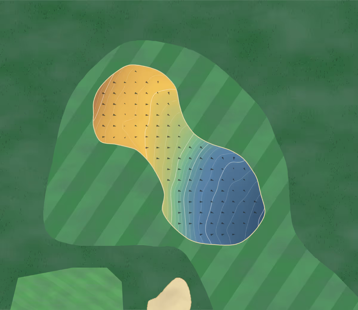 Green contour map of Temple Newsam in Leeds, England: 177 elevation contours at a 8-centimeter interval with fall-line arrows, traced from 1-meter lidar
