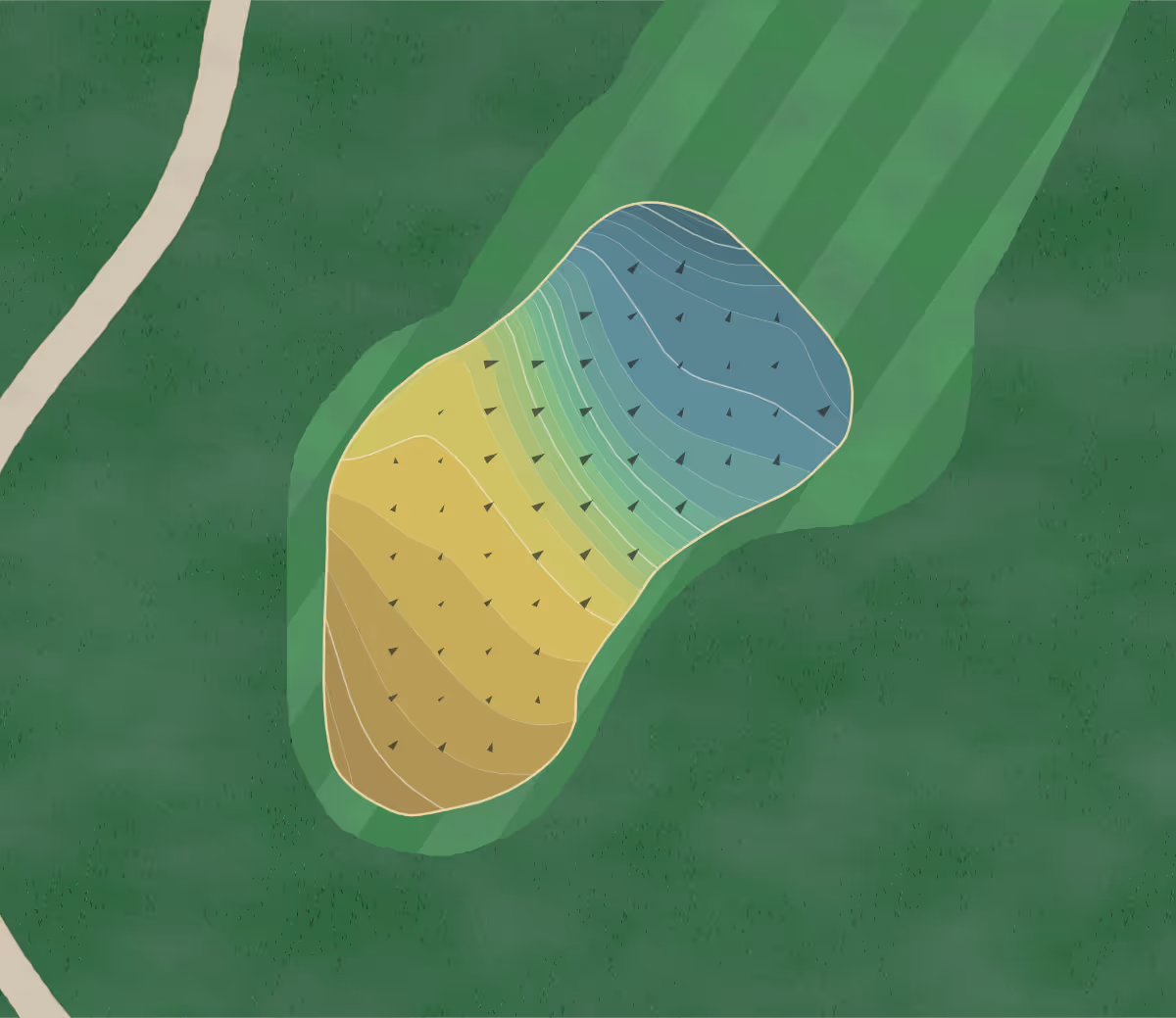 Green contour map of Tenison Park in Dallas, Texas — 286 elevation contours at a 3-inch interval with fall-line arrows, traced from 1-meter lidar