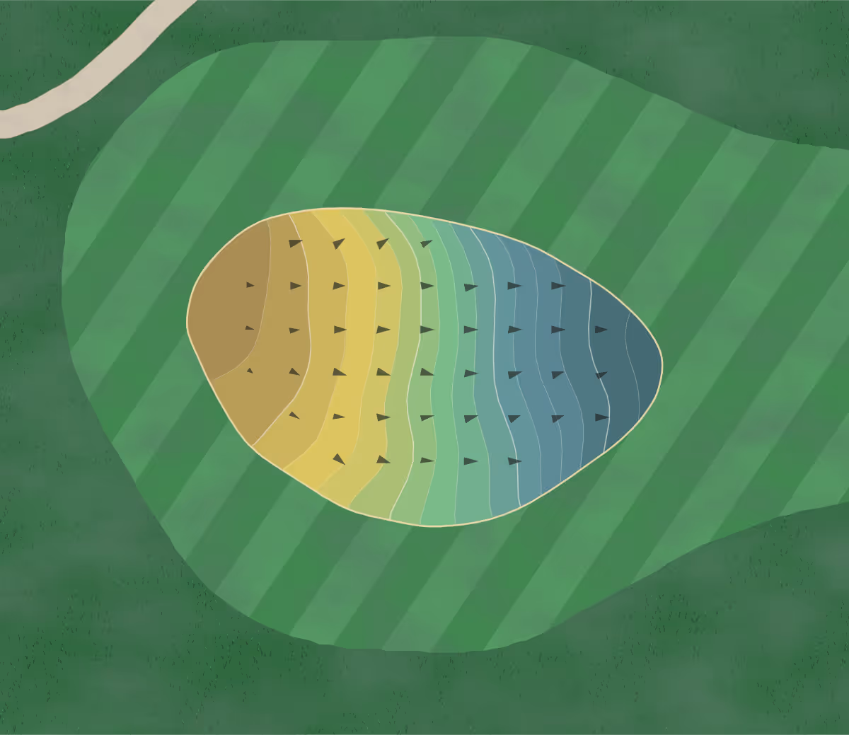 Green contour map of Tennessee River Golf Club in Decaturville, Tennessee — 138 elevation contours at a 3-inch interval with fall-line arrows, traced from 1-meter lidar