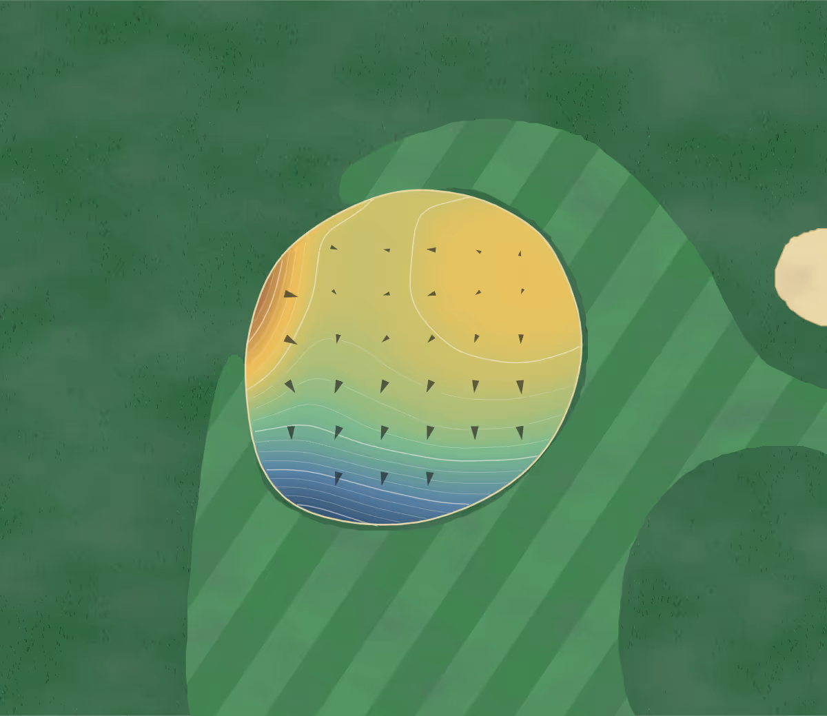 Green contour map of Tenri Golf Club in Tenri, Japan: 210 elevation contours at a 8-centimeter interval with fall-line arrows, traced from 1-meter lidar