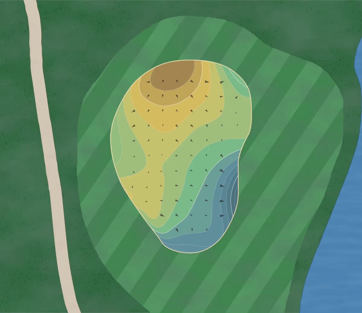 Green contour map of Tequesta CC in Tequesta, Florida — 197 elevation contours at a 3-inch interval with fall-line arrows, traced from 1-meter lidar
