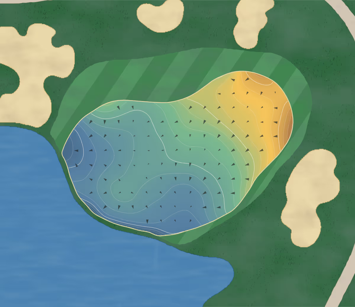 Green contour map of Terrey Hills in Terrey Hills, Australia — 272 elevation contours at a 8-centimeter interval with fall-line arrows, traced from 1-meter lidar
