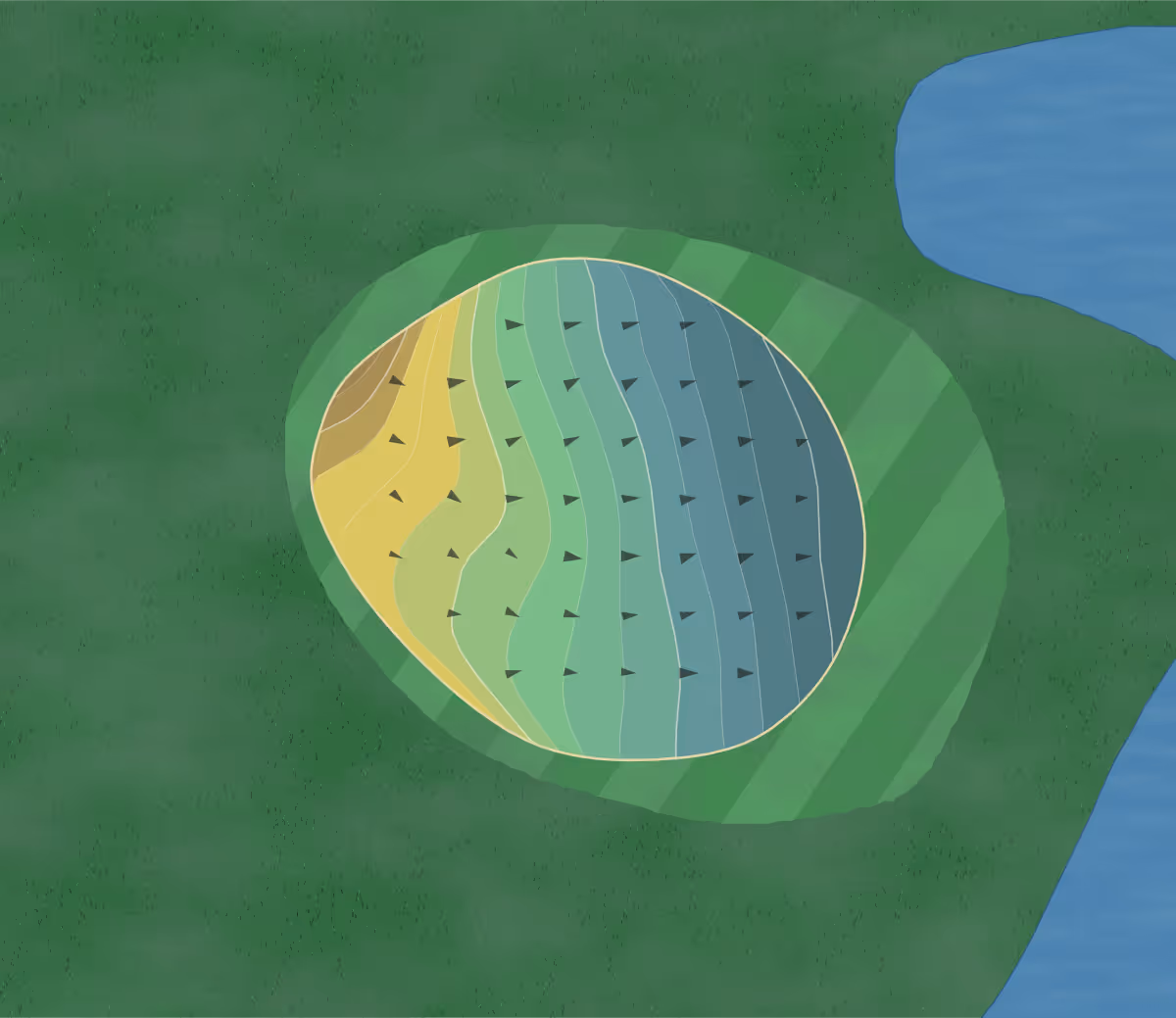 Green contour map of Terry Park in Palmyra, Illinois — 87 elevation contours at a 3-inch interval with fall-line arrows, traced from 1-meter lidar