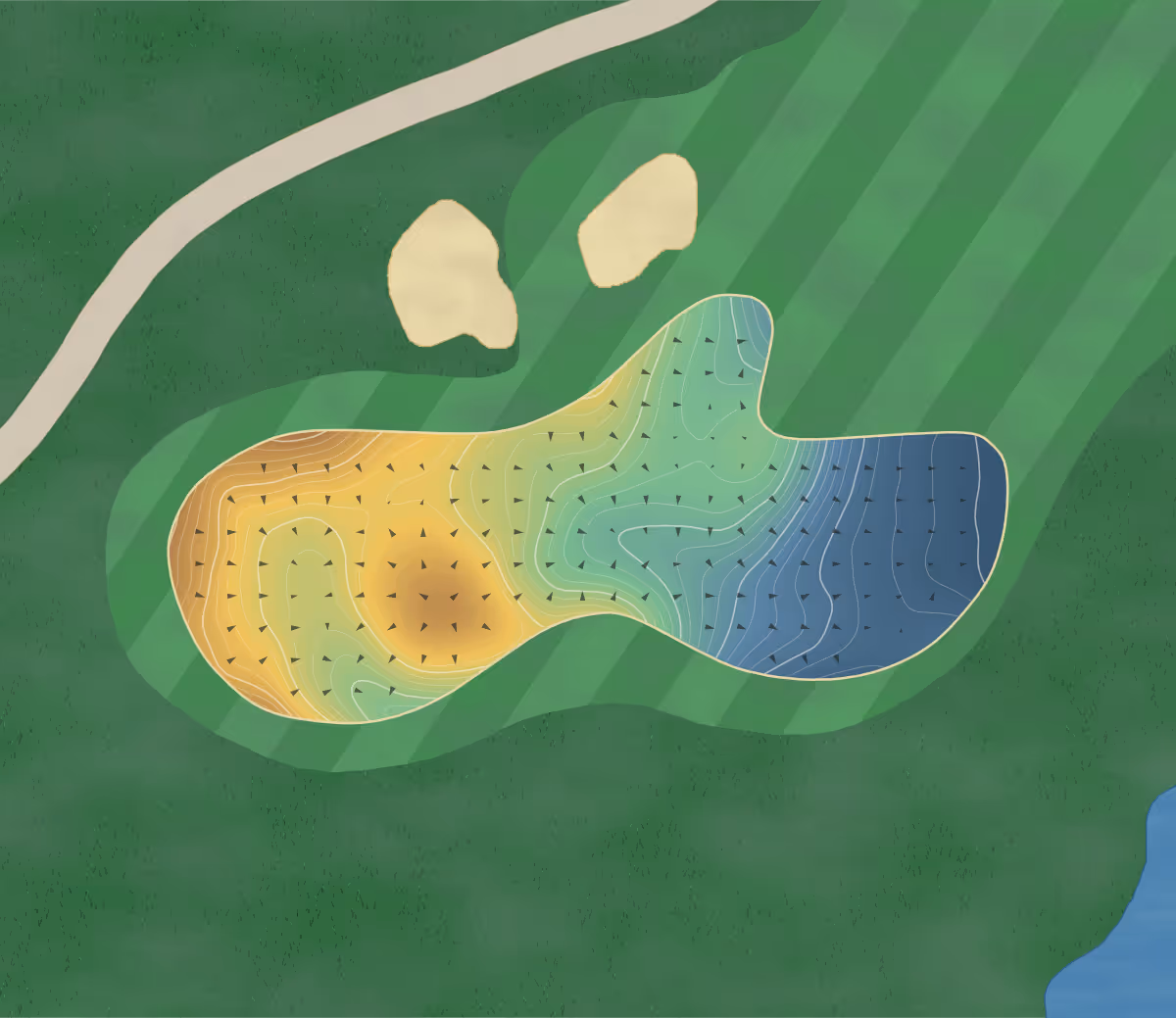Green contour map of Tetherow in Bend, Oregon — 357 elevation contours at a 3-inch interval with fall-line arrows, traced from 1-meter lidar