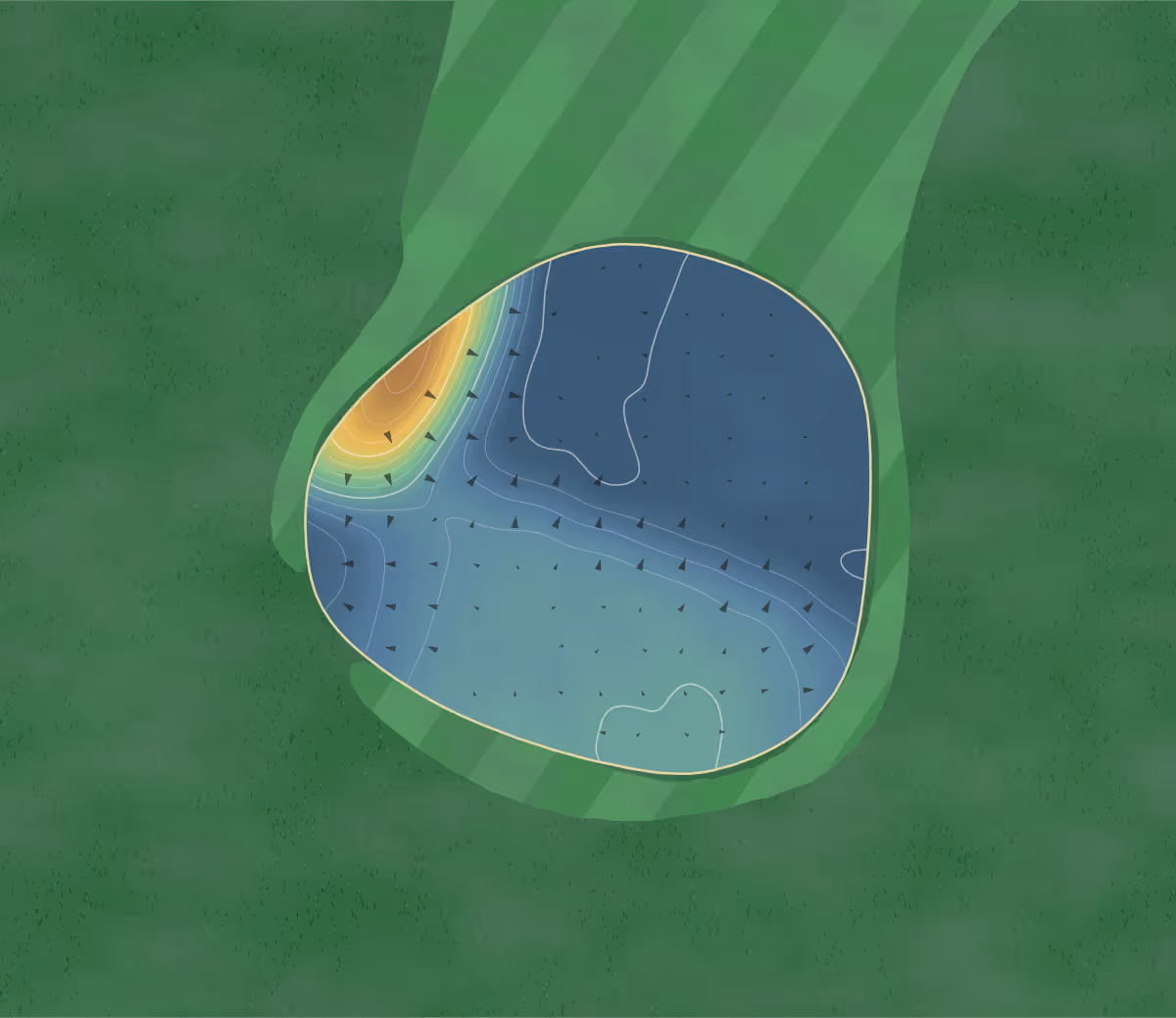 Green contour map of Tetney in Grimsby, England — 93 elevation contours at a 8-centimeter interval with fall-line arrows, traced from 1-meter lidar