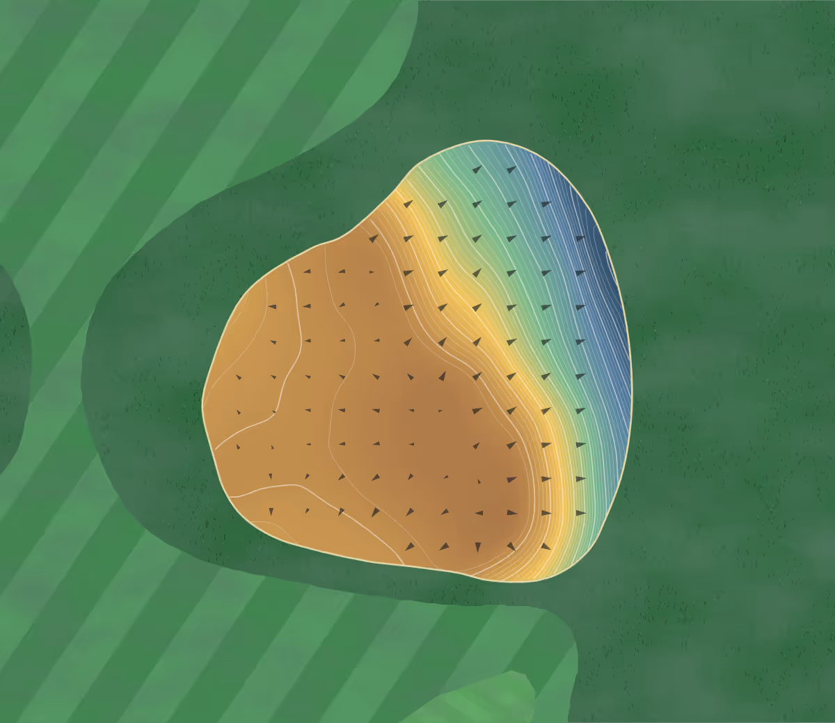 Green contour map of Teven Valley in Teven, Australia — 161 elevation contours at a 8-centimeter interval with fall-line arrows, traced from 1-meter lidar