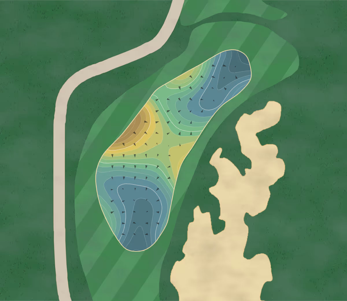 Green contour map of Texas Rangers in Arlington, Texas — 234 elevation contours at a 3-inch interval with fall-line arrows, traced from 1-meter lidar