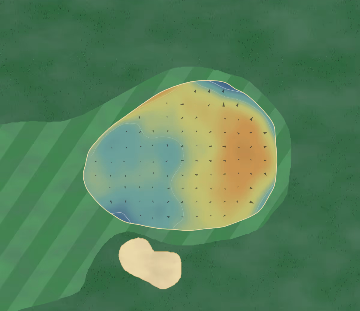 Green contour map of TFG Golf Course in Warrington, England: 4 elevation contours at a 8-centimeter interval with fall-line arrows, traced from 1-meter lidar
