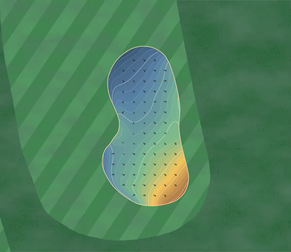 Green contour map of Thaxted Park in Woodcroft, Australia — 268 elevation contours at a 8-centimeter interval with fall-line arrows, traced from 1-meter lidar