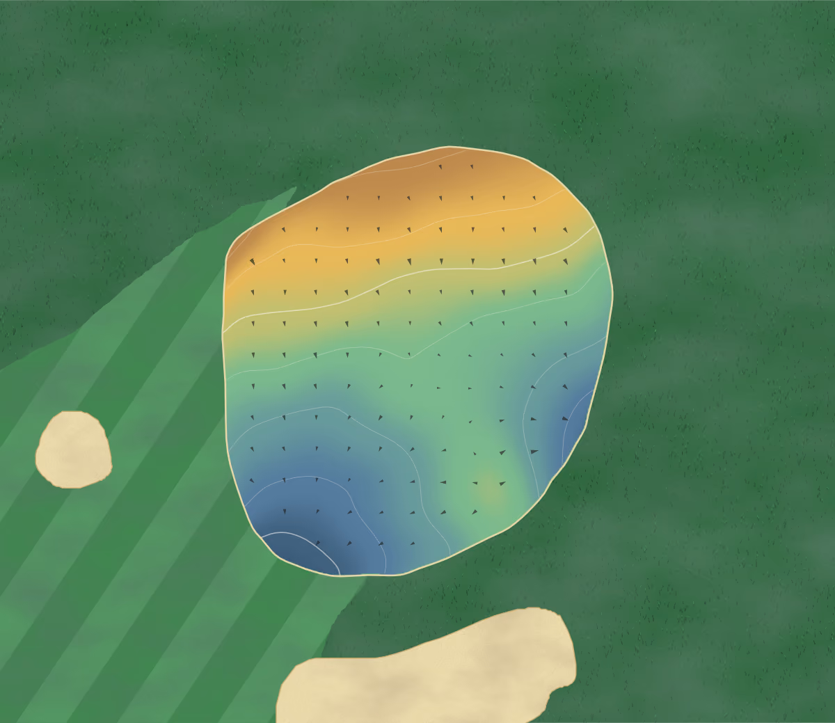 Green contour map of The Architects in Lopatcong, New Jersey: 7 elevation contours at a 3-inch interval with fall-line arrows, traced from 1-meter lidar