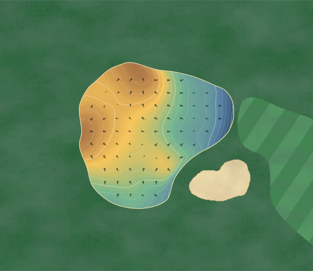 Green contour map of The Briars in Georgina, Canada: 157 elevation contours at a 8-centimeter interval with fall-line arrows, traced from 1-meter lidar