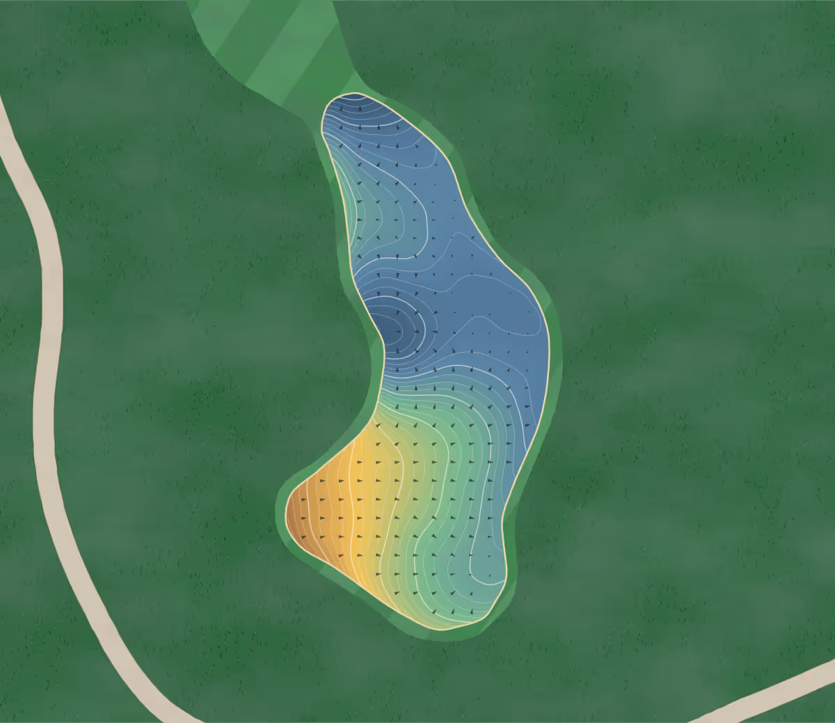 Green contour map of Bridges in San Ramon, California — 231 elevation contours at a 3-inch interval with fall-line arrows, traced from 1-meter lidar