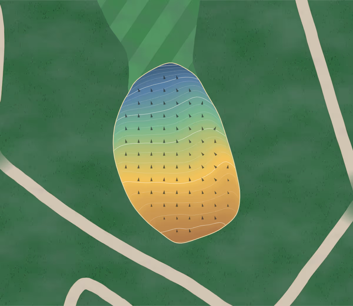 Green contour map of The Bridges in Winona, Minnesota: 208 elevation contours at a 3-inch interval with fall-line arrows, traced from 1-meter lidar