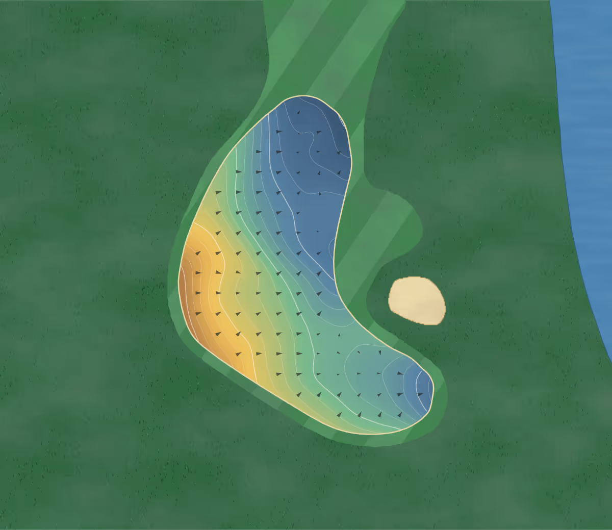 Green contour map of Bridgewater Executive in Carmel, Indiana: 90 elevation contours at a 3-inch interval with fall-line arrows, traced from 1-meter lidar
