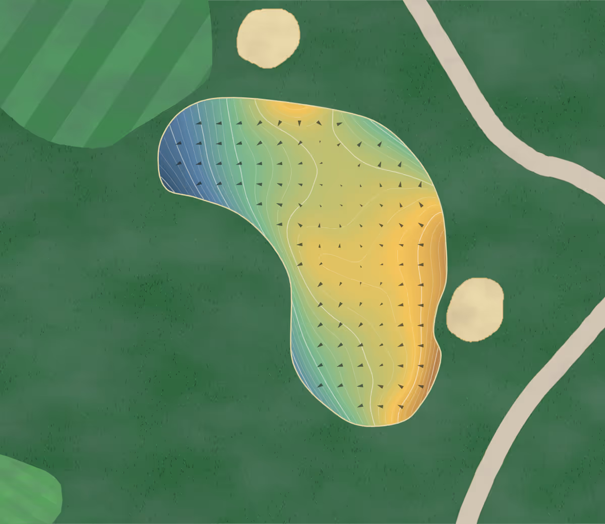 Green contour map of Brookside Club in Buzzards Bay, Massachusetts — 233 elevation contours at a 3-inch interval with fall-line arrows, traced from 1-meter lidar