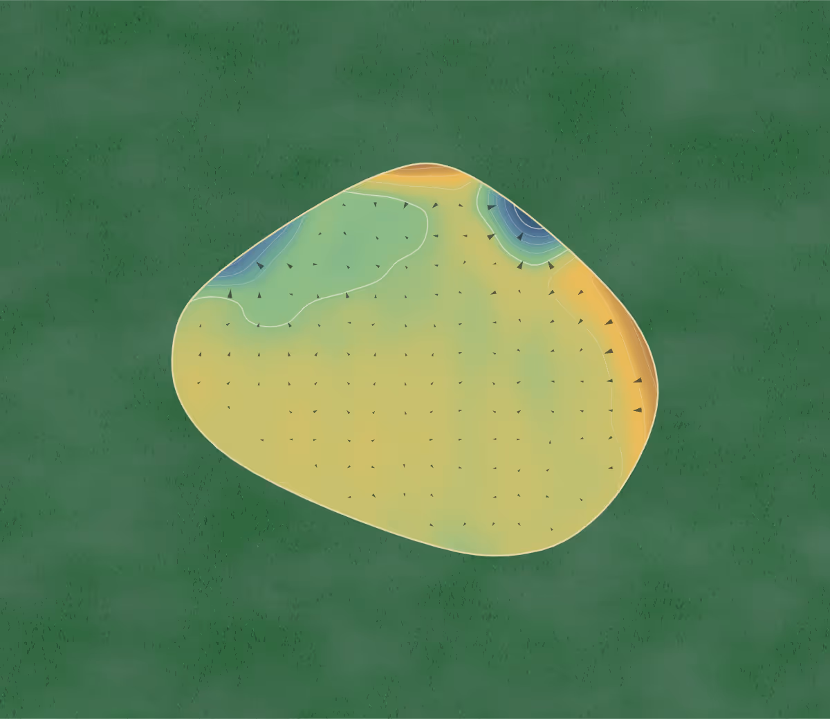 Green contour map of The Burstead in Billericay, England — 125 elevation contours at a 8-centimeter interval with fall-line arrows, traced from 1-meter lidar