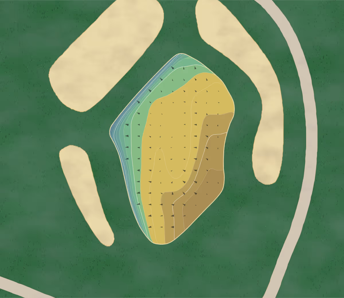 Green contour map of Camargo in Cincinnati, Ohio — 171 elevation contours at a 3-inch interval with fall-line arrows, traced from 1-meter lidar