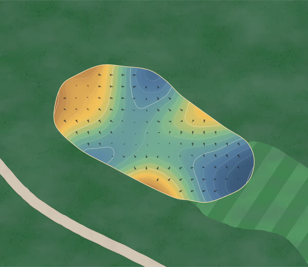 Green contour map of The Cannon Club in Harwood, Maryland: 191 elevation contours at a 3-inch interval with fall-line arrows, traced from 1-meter lidar