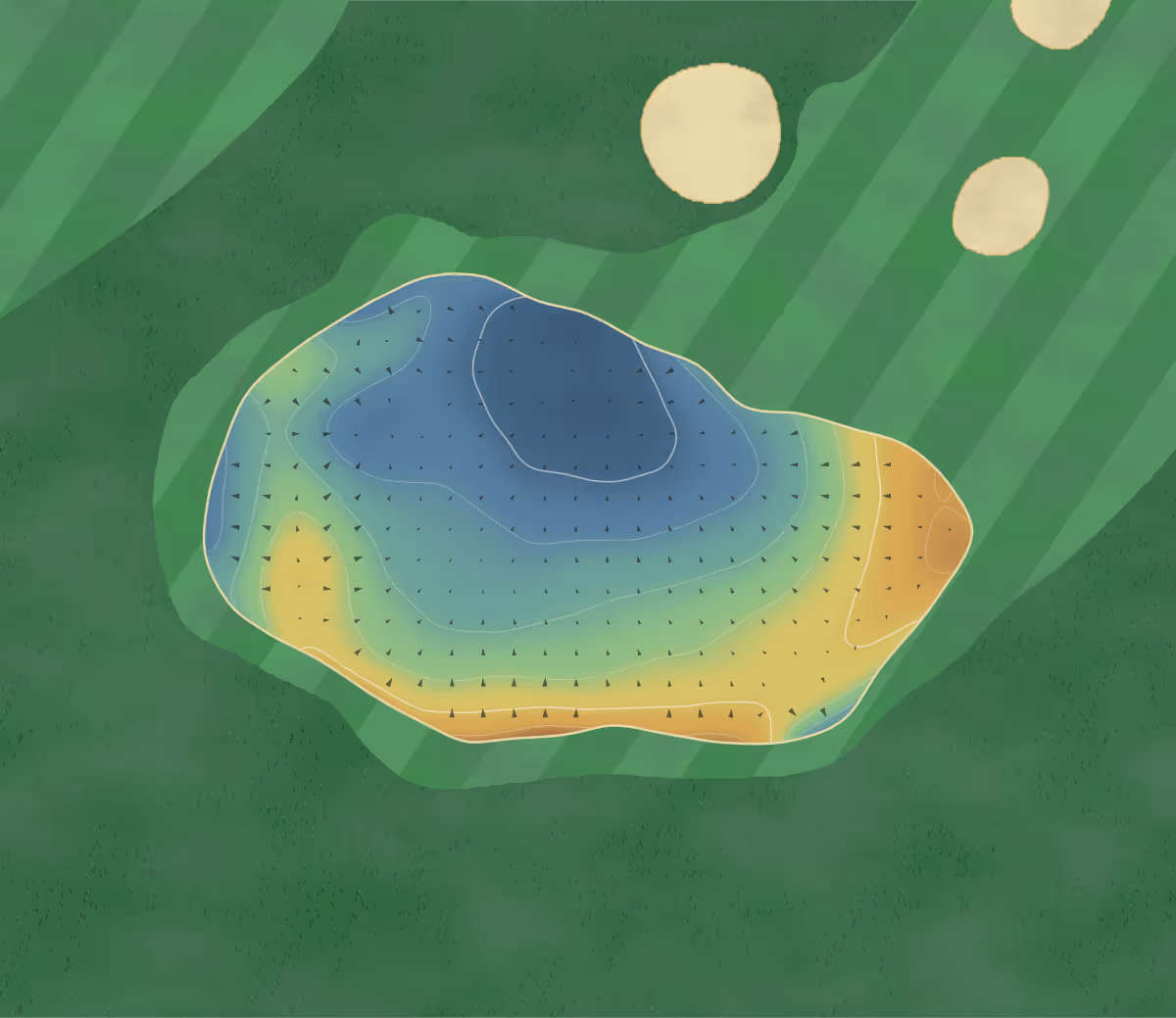 Green contour map of Burnside in Carnoustie, Scotland: 133 elevation contours at a 8-centimeter interval with fall-line arrows, traced from 1-meter lidar