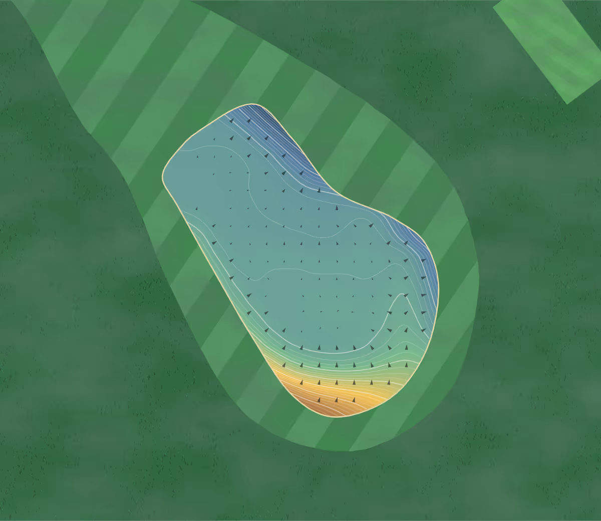 Green contour map of Carrickmines in Dublin 18, Ireland — 185 elevation contours at a 8-centimeter interval with fall-line arrows, traced from 1-meter lidar