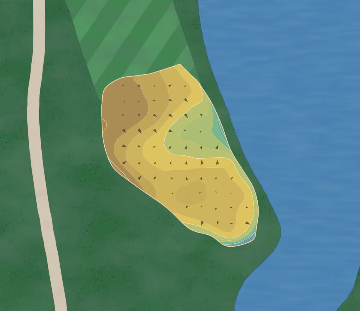 Green contour map of The Challenge in Jacksonville, Texas — 194 elevation contours at a 3-inch interval with fall-line arrows, traced from 1-meter lidar
