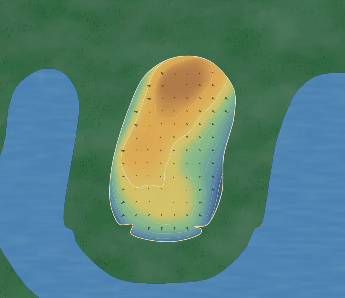 Green contour map of Club at Frisco Farms in Frisco, Texas — 103 elevation contours at a 3-inch interval with fall-line arrows, traced from 1-meter lidar
