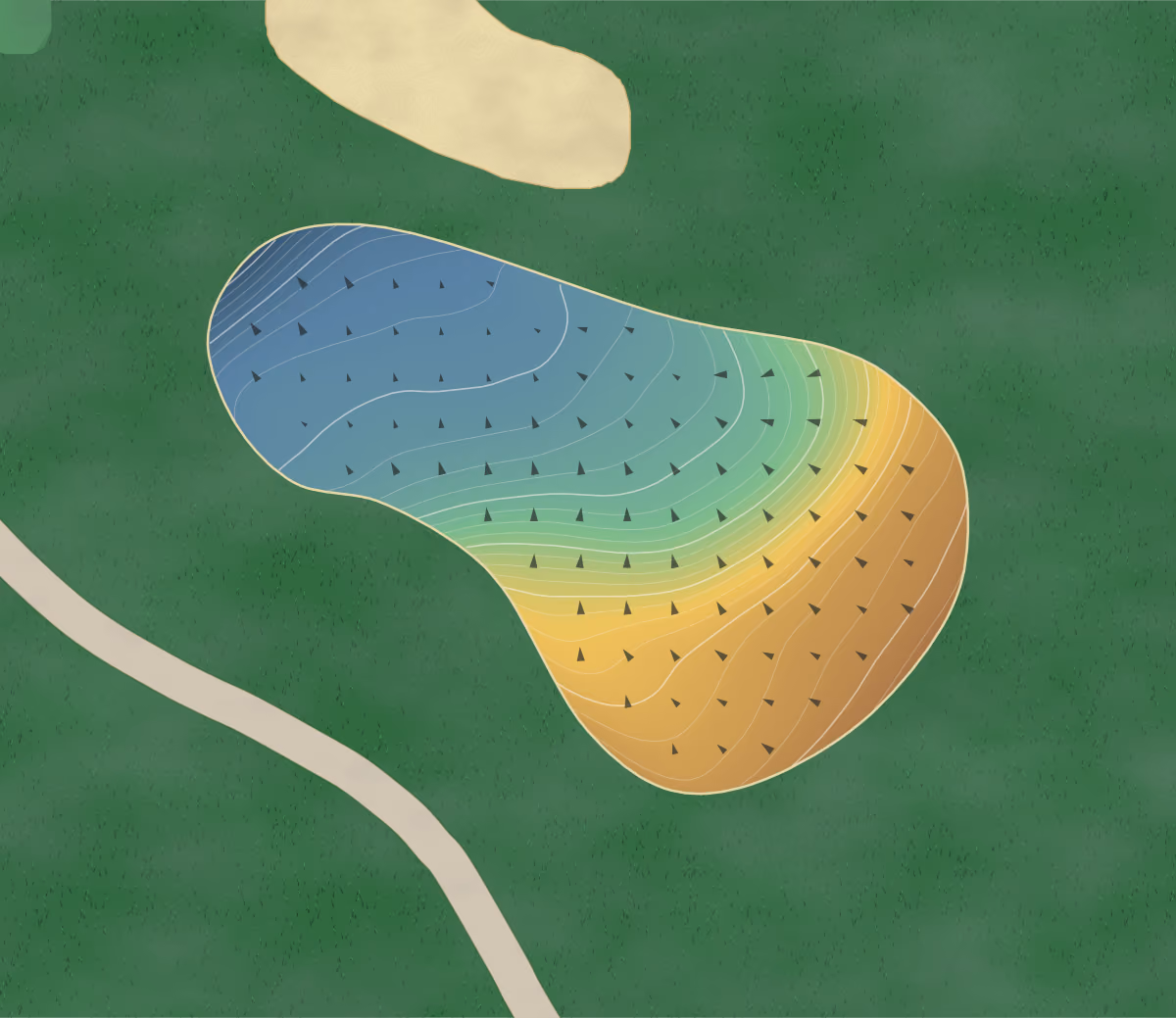 Green contour map of Gettysvue in Knoxville, Tennessee: 272 elevation contours at a 3-inch interval with fall-line arrows, traced from 1-meter lidar