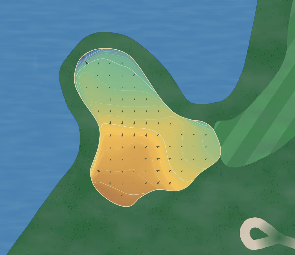 Green contour map of Club at Ibis in West Palm Beach, Florida — 162 elevation contours at a 3-inch interval with fall-line arrows, traced from 1-meter lidar