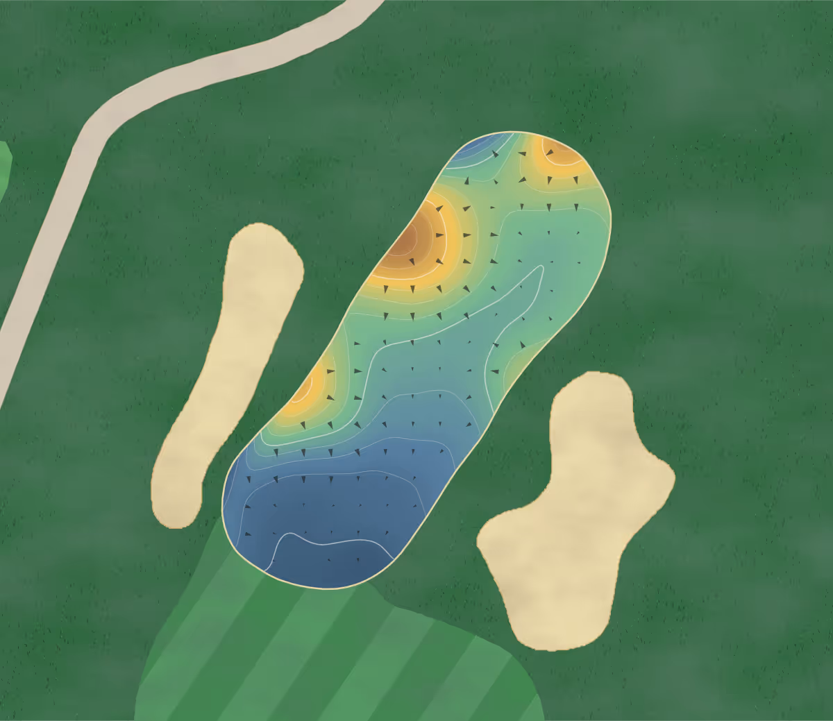 Green contour map of Club At New Seabury in Mashpee, Massachusetts — 190 elevation contours at a 3-inch interval with fall-line arrows, traced from 1-meter lidar