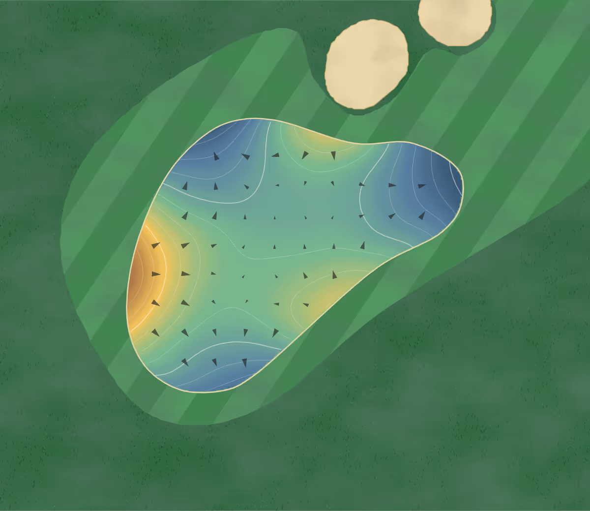 Green contour map of Club at Pecan Grove in Richmond, Texas — 170 elevation contours at a 3-inch interval with fall-line arrows, traced from 1-meter lidar