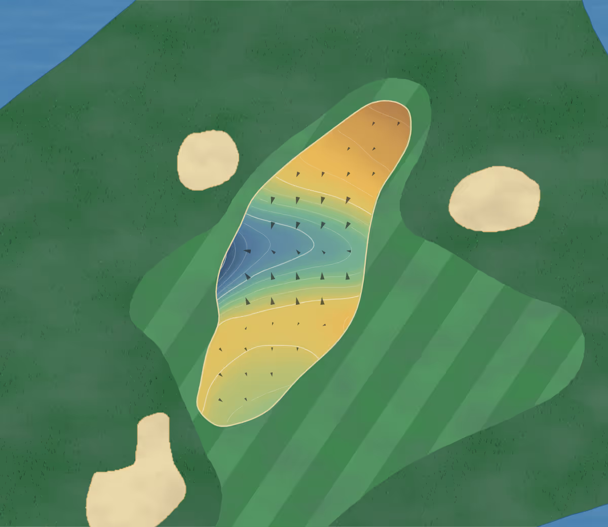 Green contour map of Club at Renaissance in Fort Myers, Florida — 148 elevation contours at a 3-inch interval with fall-line arrows, traced from 1-meter lidar
