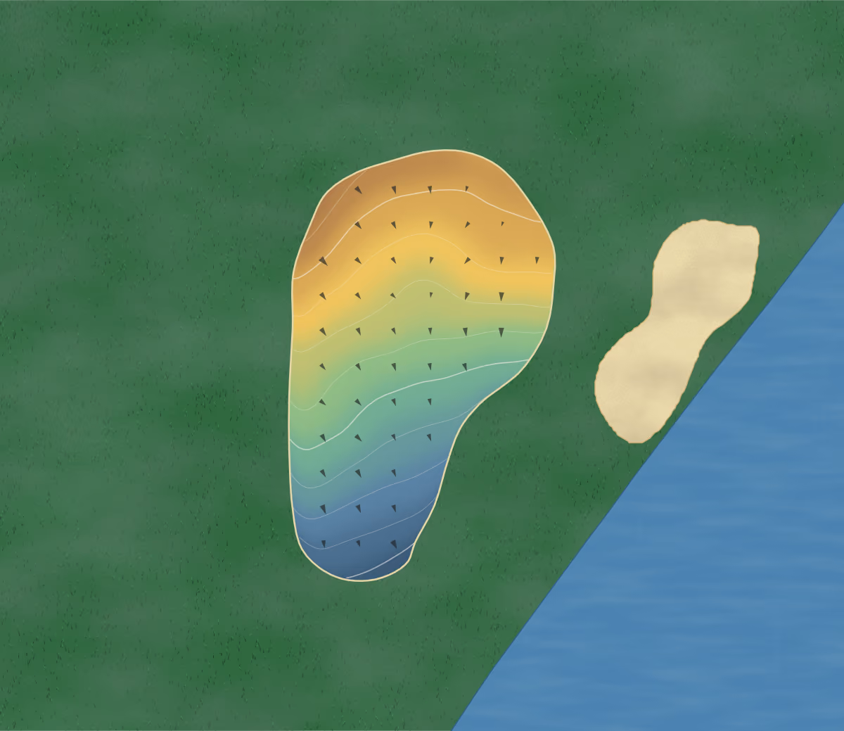 Green contour map of Shoal Creek in Griffin, Georgia: 64 elevation contours at a 3-inch interval with fall-line arrows, traced from 1-meter lidar