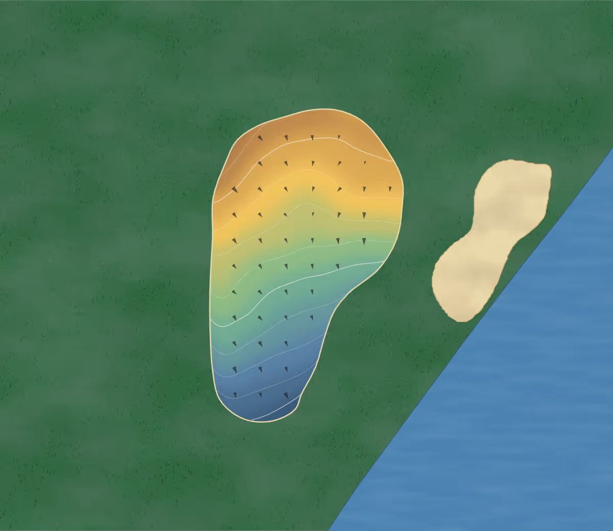 Green contour map of Club at Shoal Creek in Griffin, Georgia — 65 elevation contours at a 3-inch interval with fall-line arrows, traced from 1-meter lidar