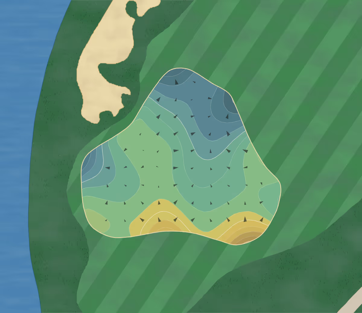 Green contour map of The Concession in Bradenton, Florida — 227 elevation contours at a 3-inch interval with fall-line arrows, traced from 1-meter lidar