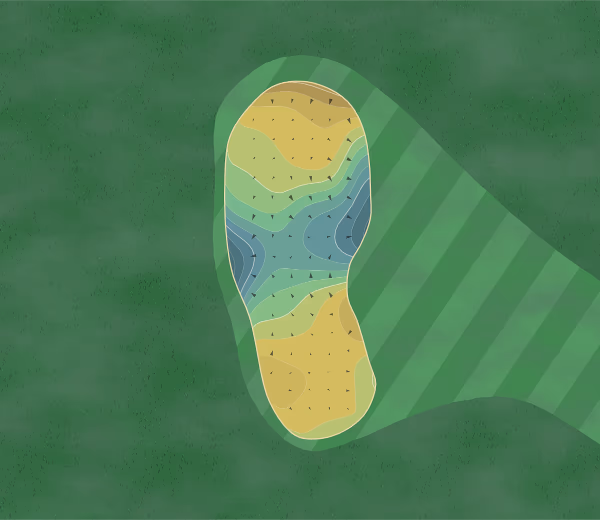 Green contour map of Mirasol in Palm Beach Gardens, Florida — 185 elevation contours at a 3-inch interval with fall-line arrows, traced from 1-meter lidar