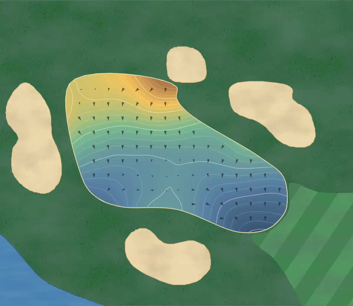 Green contour map of Country Club at in Mitchellville, Maryland — 232 elevation contours at a 3-inch interval with fall-line arrows, traced from 1-meter lidar
