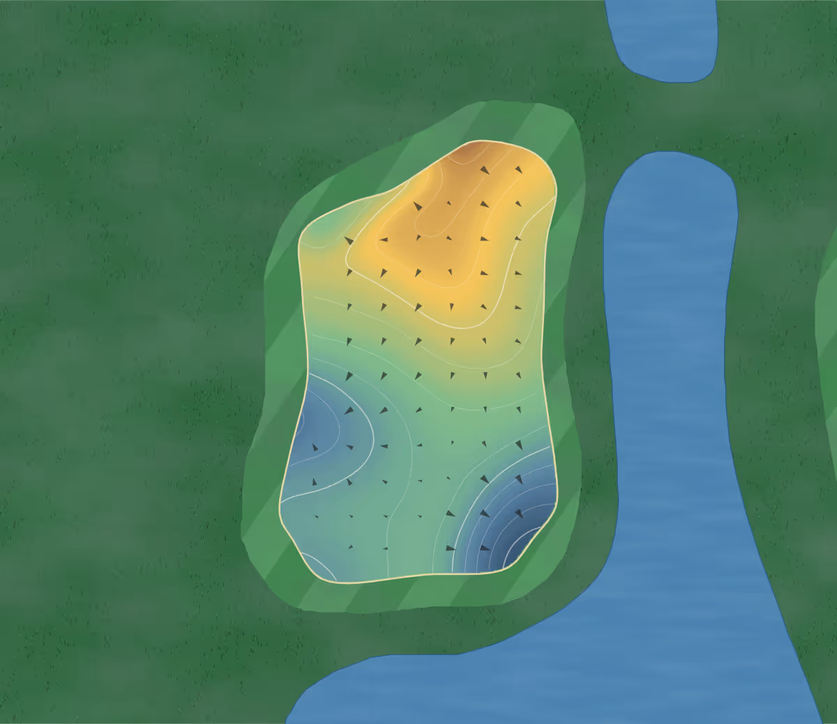Green contour map of Country Club of Ocala in Ocala, Florida — 171 elevation contours at a 3-inch interval with fall-line arrows, traced from 1-meter lidar