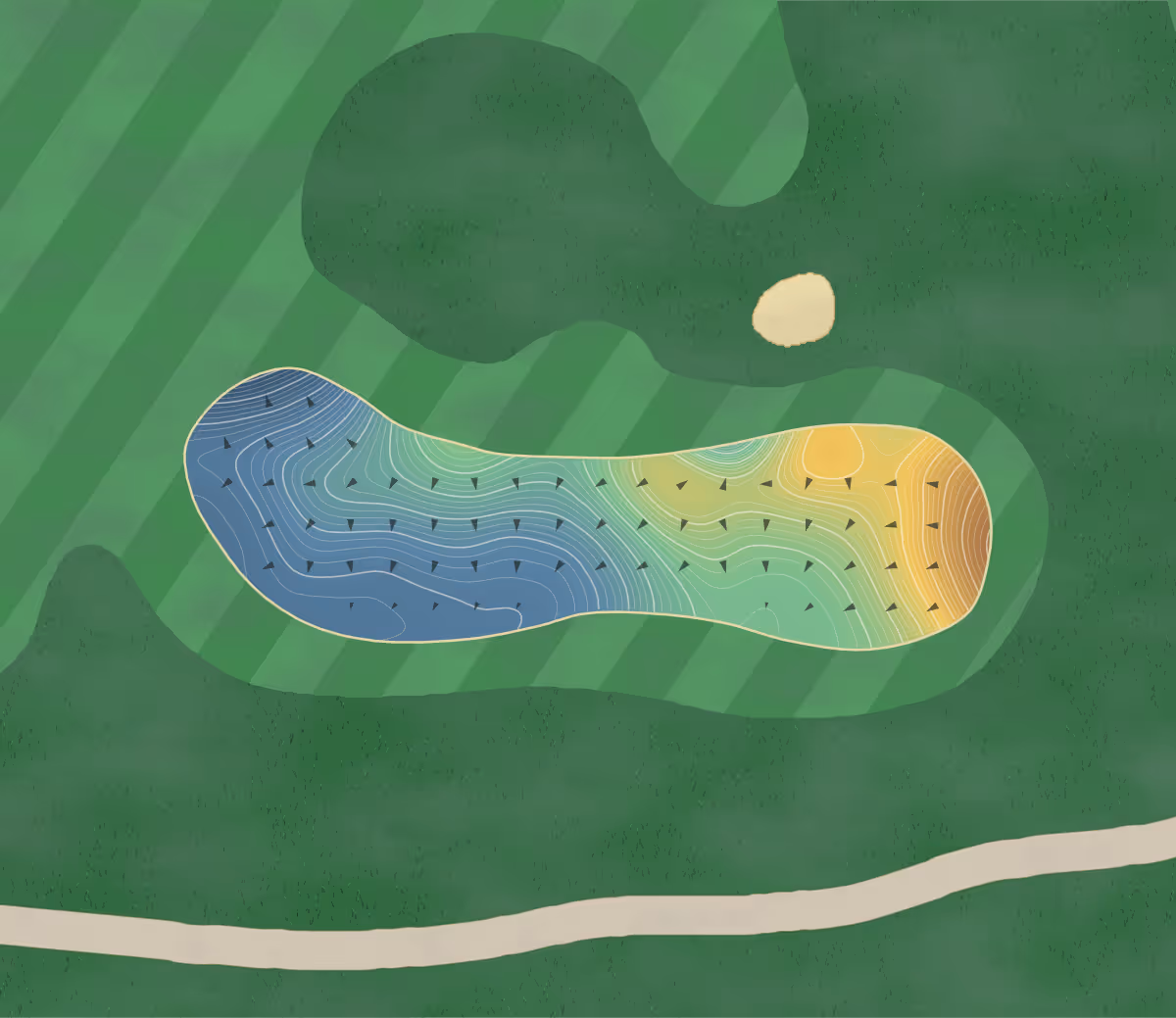 Green contour map of Creek Club in Greensboro, Georgia — 614 elevation contours at a 3-inch interval with fall-line arrows, traced from 1-meter lidar