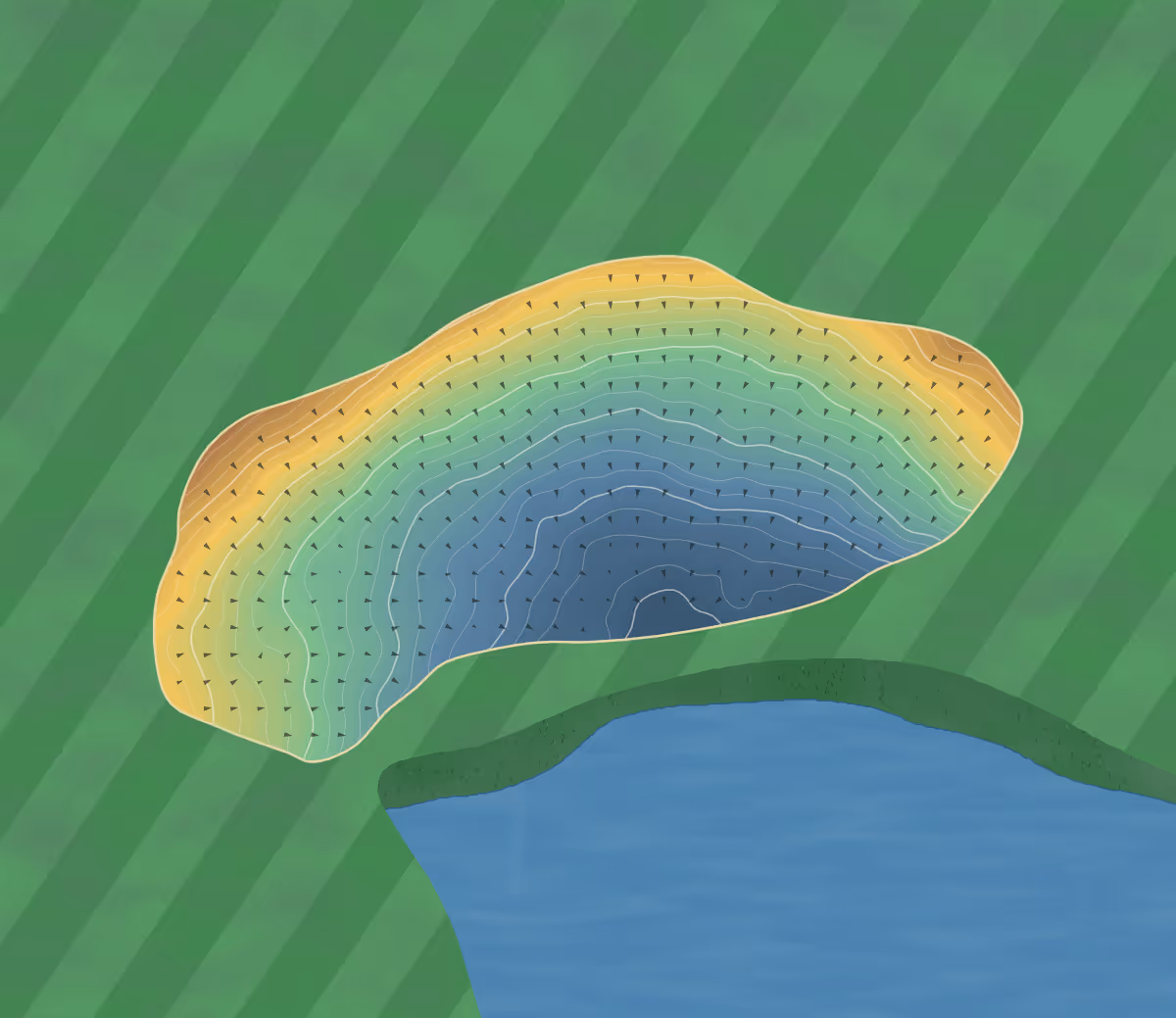 Green contour map of Dak Club in Wing, North Dakota — 45 elevation contours at a 3-inch interval with fall-line arrows, traced from 1-meter lidar
