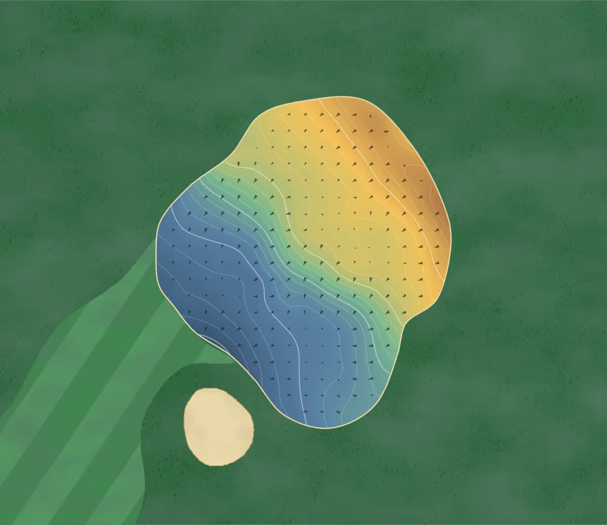 Green contour map of The Deerpark in Killeagh, Ireland: 256 elevation contours at a 8-centimeter interval with fall-line arrows, traced from 1-meter lidar
